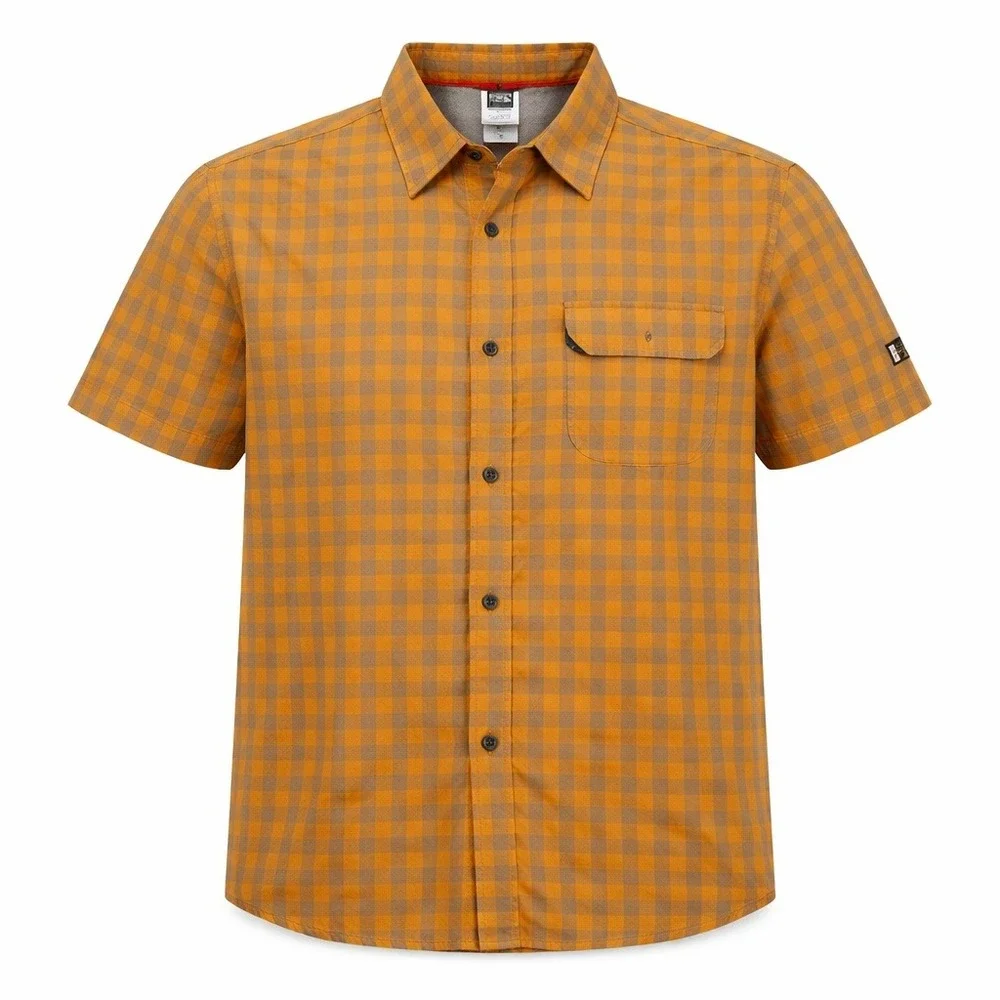 The North Face Gingham Button‎ Up Camp Shirt Men M Yellow Gray Outdoor Hiking